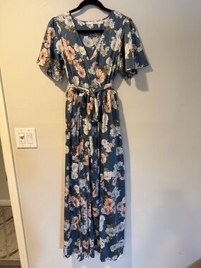 Blue Floral Wrap Maxi Dress with Belt
